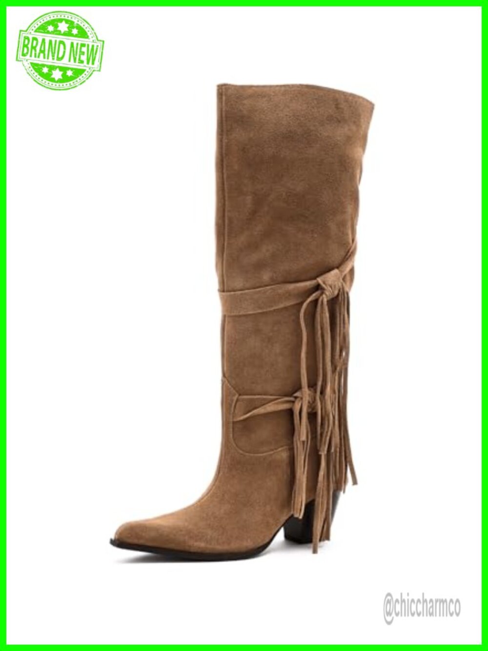 Suede Fringe KneeHigh Boots Pointed Toe Stacked Heel PullOn